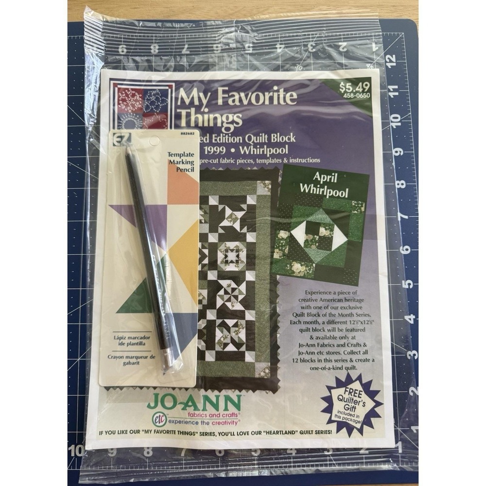 Joann April 1999 Limited Ed. My Favorite Things Quilt BOM Kit WHIRLPOOL w Pencil